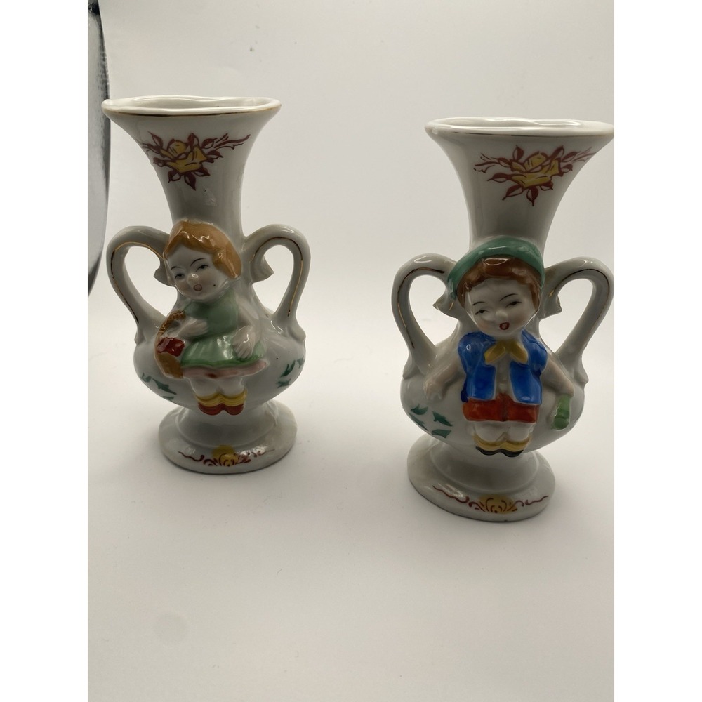 VTG Occupied Japanese Porcelain Bud Vases Hand-painted Boy And Girl Rare Mint